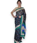 Blue Linen Saree with Floral Jaal
