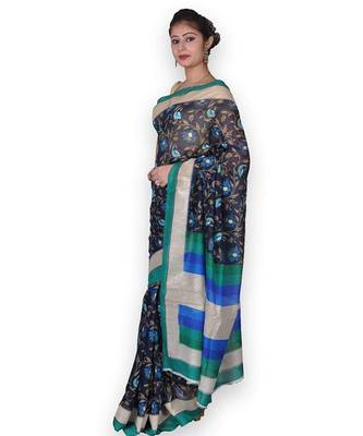 Blue Linen Saree with Floral Jaal 3