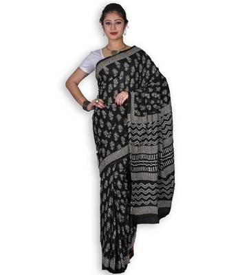 Black & White Cotton Saree With Hand Block Print 1