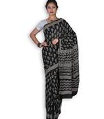 Black & White Cotton Saree With Hand Block Print