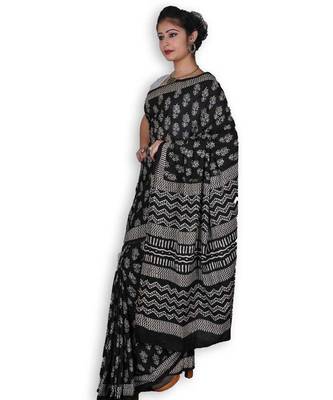 Black & White Cotton Saree With Hand Block Print 2
