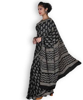 Black & White Cotton Saree With Hand Block Print 3