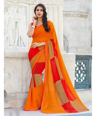 orange printed georgette saree with blouse 1