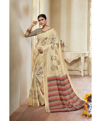 cream printed cotton_silk saree with blouse 1