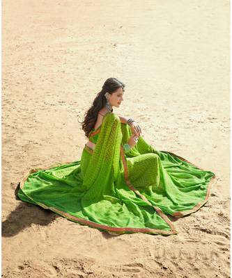 green printed chiffon saree with blouse 2