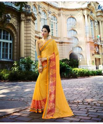 yellow printed brasso saree with blouse 1