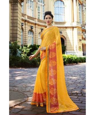 yellow printed brasso saree with blouse 2