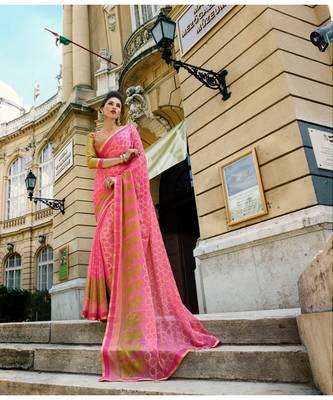pink printed brasso saree with blouse 1
