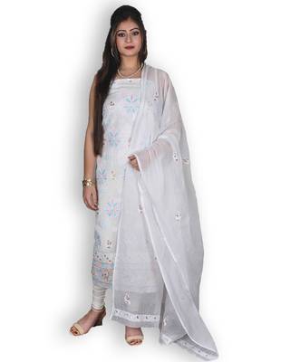 White Kota Doria Suit With Chikankari & Zardozi 1