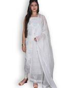 White Kota Doria Suit With Chikankari & Zardozi