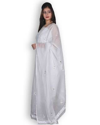 White Kota Doria Suit With Chikankari & Zardozi 3