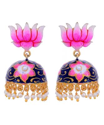 Pink Blue Handpainted Lotus Design Beautiful Jhumki 1