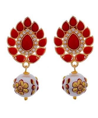 Orange Golden Cute Tanjore Art Pearl Drop Earring 1