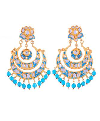 Tourquoise Golden Kundan Lotus Design Chand Bali Earring 1