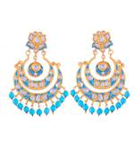 Tourquoise Golden Kundan Lotus Design Chand Bali Earring