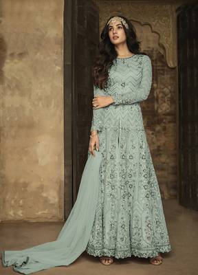 Light-teal embroidered net salwar 1