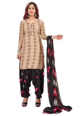 Women's Beige & Black Synthetic Printed Unstitch Dress Material With Dupatta 1