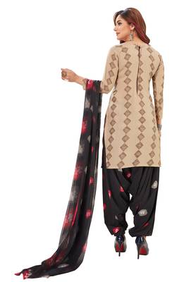 Women's Beige & Black Synthetic Printed Unstitch Dress Material With Dupatta 2