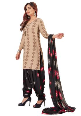 Women's Beige & Black Synthetic Printed Unstitch Dress Material With Dupatta 3