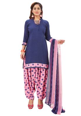 Women's Dark Blue & Pink Synthetic Printed Unstitch Dress Material With Dupatta 1