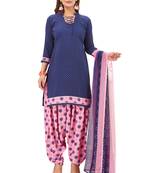 Women's Dark Blue & Pink Synthetic Printed Unstitch Dress Material With Dupatta