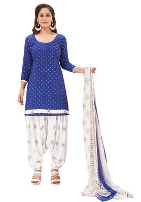 Women's Dark Blue & White Synthetic Printed Unstitch Dress Material With Dupatta 1