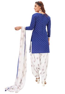 Women's Dark Blue & White Synthetic Printed Unstitch Dress Material With Dupatta 2