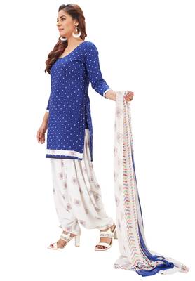 Women's Dark Blue & White Synthetic Printed Unstitch Dress Material With Dupatta 3