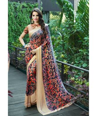 multicolor printed silk blend saree with blouse 1
