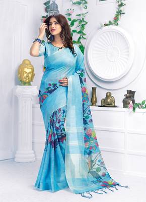 Blue printed linen saree with blouse 1