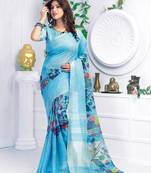 Blue printed linen saree with blouse