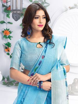 Blue printed linen saree with blouse 2
