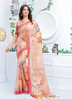 Peach printed linen saree with blouse 1