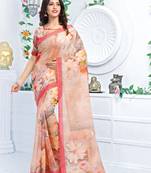 Peach printed linen saree with blouse