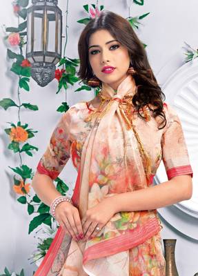 Peach printed linen saree with blouse 2