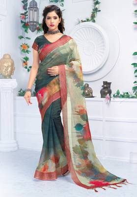 Green printed linen saree with blouse 1