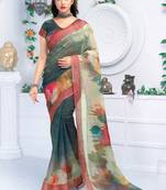 Green printed linen saree with blouse