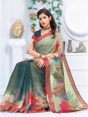 Green printed linen saree with blouse 2