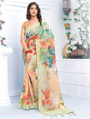 Multicolor printed linen saree with blouse 1