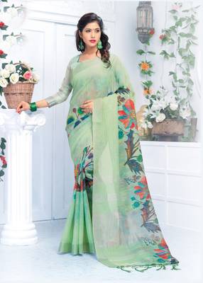 Multicolor printed linen saree with blouse 1