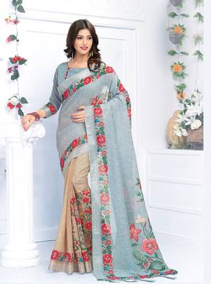 Grey printed linen saree with blouse 1