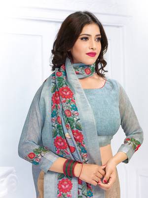 Grey printed linen saree with blouse 2