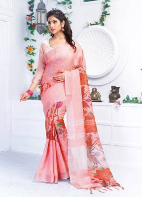 Pink printed linen saree with blouse 1