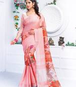 Pink printed linen saree with blouse