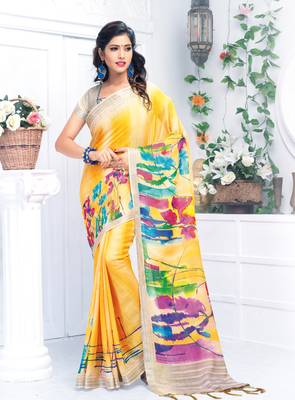 Yellow printed linen saree with blouse 1