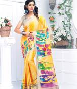 Yellow printed linen saree with blouse