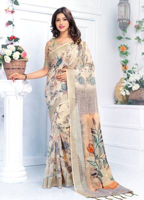 Multicolor printed linen saree with blouse 1