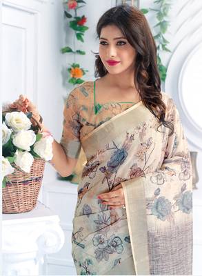 Multicolor printed linen saree with blouse 2