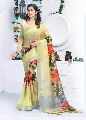 Yellow printed linen saree with blouse 1