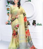 Yellow printed linen saree with blouse